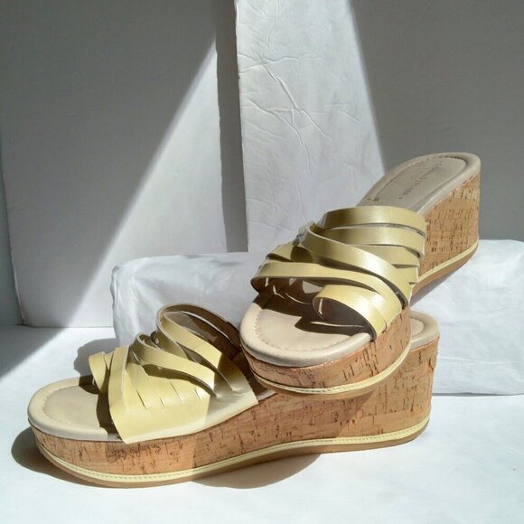 Citron 'Sheena2' Strappy Distressed Textured Cork Wedge Slide Sandals Sz 7.5 - Picture 2 of 9